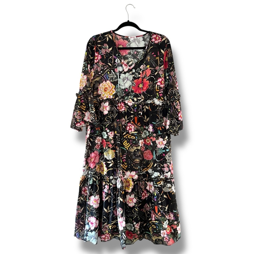 Johnny Was Multicolor Naomi Peace Ruffled Tiered Floral Midi Dress Boho Sz Small - Picture 2 of 12